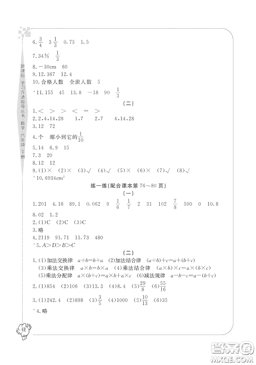 宁波出版社2020学习方法指导丛书六年级数学下册人教版答案