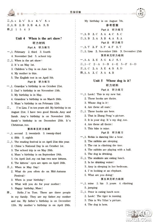 2020年王朝霞创维新课堂同步优化训练英语五年级下册PEP人教版参考答案 2020年王朝霞创维新课堂同步优化训练英语五年级下册PEP人教版参考答案