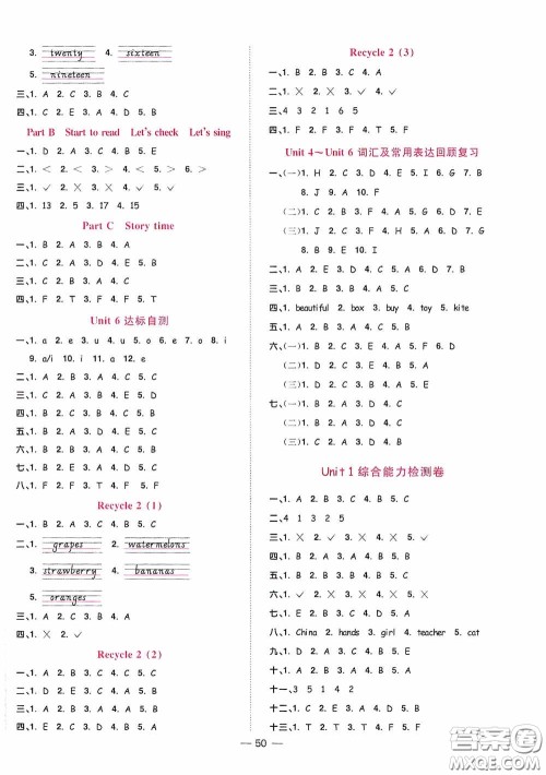 浙江教育出版社2020阳光同学课时达标训练三年级英语下册PEP版浙江专版答案