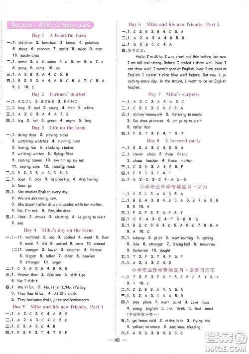 浙江教育出版社2020阳光同学课时达标训练六年级英语下册PEP版浙江专版答案