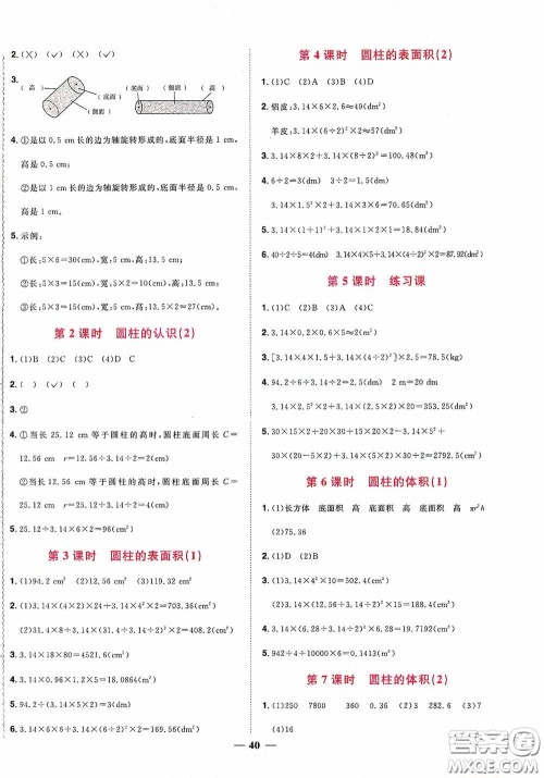 浙江教育出版社2020阳光同学课时达标训练六年级数学下册人教版浙江专版答案