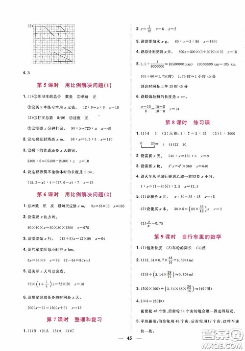 浙江教育出版社2020阳光同学课时达标训练六年级数学下册人教版浙江专版答案