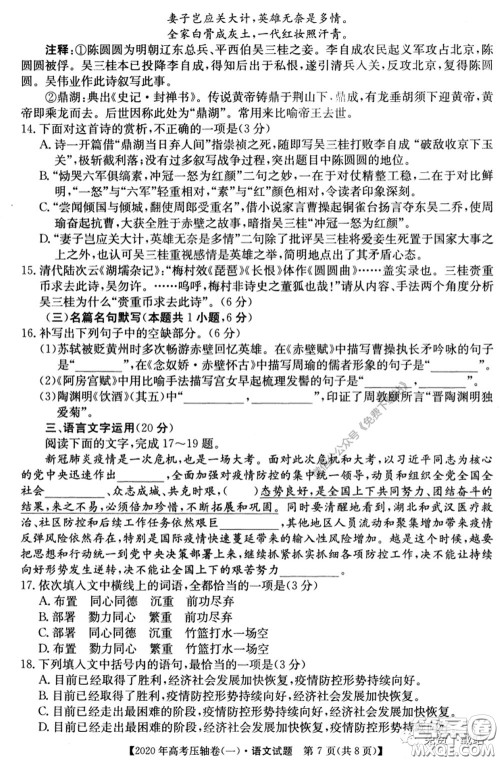 2020年普通高等学校招生全国统一考试压轴试题一语文试题及答案