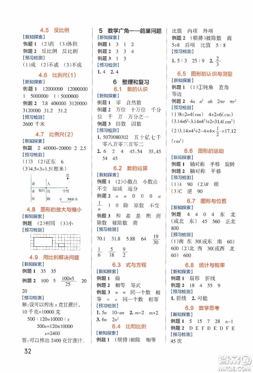 辽宁教育出版社2020PASS绿卡小学学霸作业本高效预习册数学六年级下册人教版答案