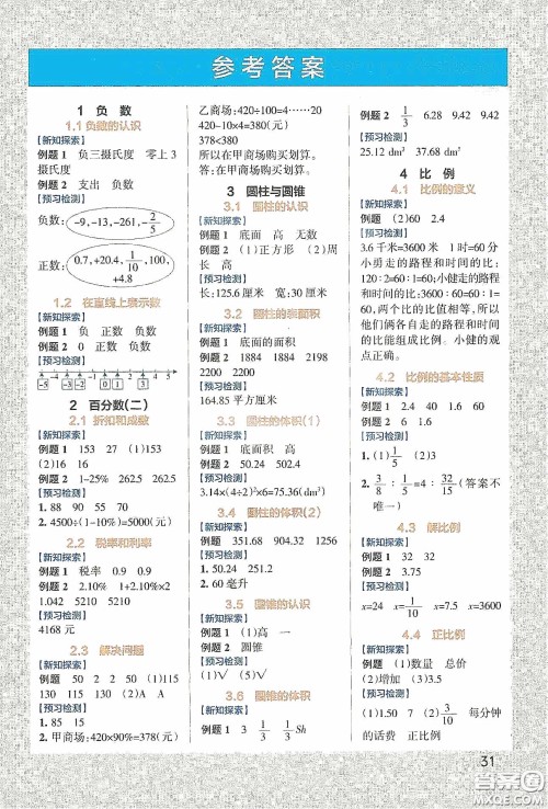 辽宁教育出版社2020PASS绿卡小学学霸作业本高效预习册数学六年级下册人教版答案