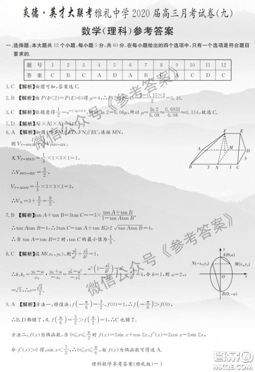 炎德英才大联考雅礼中学2020届高三月考试卷九理科数学试题及答案