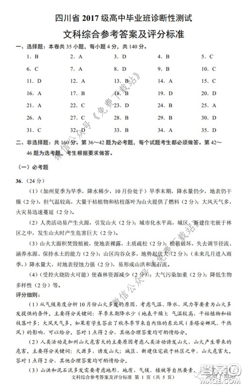 四川省2017级高中毕业班诊断性测试文科综合答案 四川省2017级高中毕业班诊断性测试文科综合答案