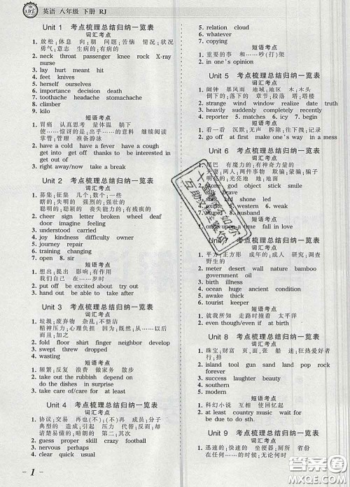 2020新版王朝霞考点梳理时习卷八年级英语下册人教版答案 2020新版王朝霞考点梳理时习卷八年级英语下册人教版答案