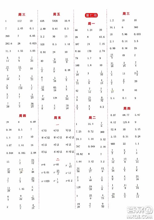 延边人民出版社2020年小学生励耘速算六年级下册人教版浙江专版参考答案