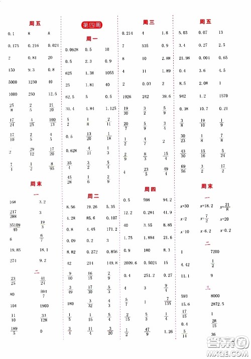 延边人民出版社2020年小学生励耘速算六年级下册人教版浙江专版参考答案