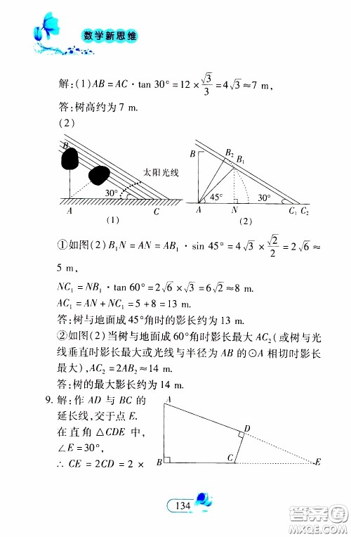 二十一世纪出版社2020年数学新思维九年级下册参考答案