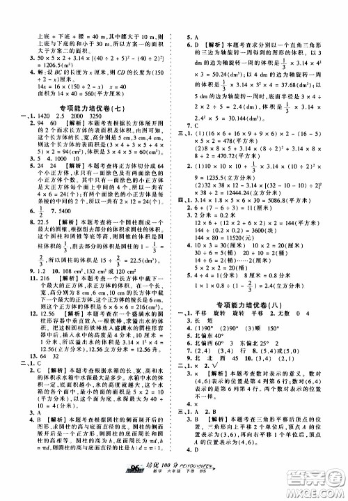 2020年王朝霞培优100分数学六年级下册BS北师版参考答案