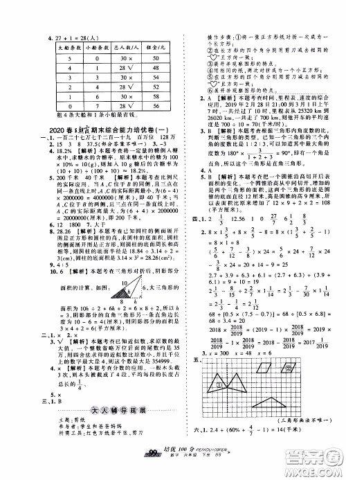 2020年王朝霞培优100分数学六年级下册BS北师版参考答案