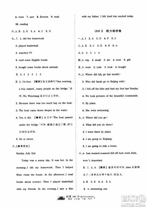 2020年王朝霞培优100分英语六年级下册PEP人教版参考答案 2020年王朝霞培优100分英语六年级下册PEP人教版参考答案