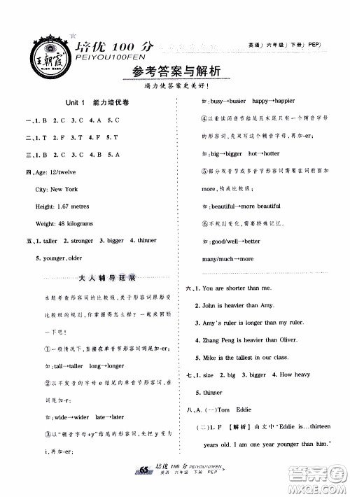 2020年王朝霞培优100分英语六年级下册PEP人教版参考答案 2020年王朝霞培优100分英语六年级下册PEP人教版参考答案