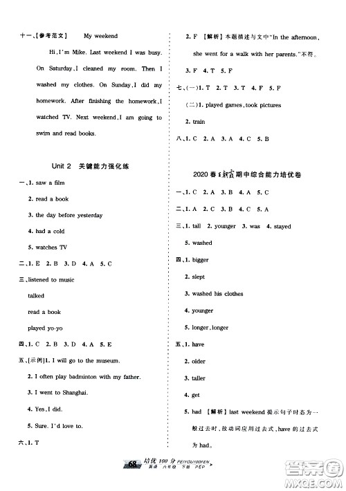 2020年王朝霞培优100分英语六年级下册PEP人教版参考答案 2020年王朝霞培优100分英语六年级下册PEP人教版参考答案