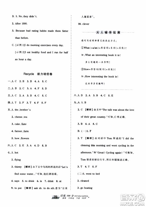 2020年王朝霞培优100分英语六年级下册PEP人教版参考答案 2020年王朝霞培优100分英语六年级下册PEP人教版参考答案