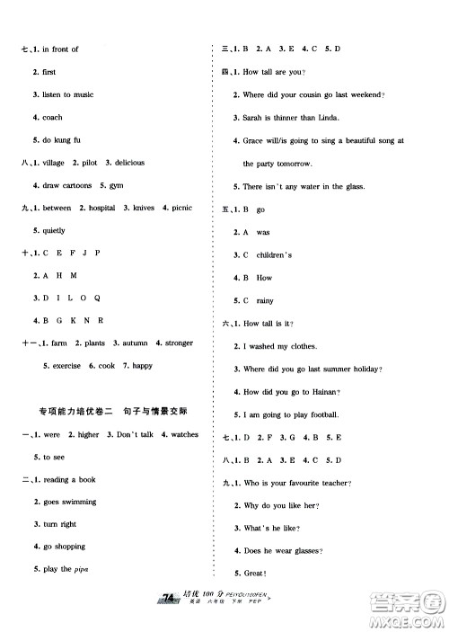 2020年王朝霞培优100分英语六年级下册PEP人教版参考答案 2020年王朝霞培优100分英语六年级下册PEP人教版参考答案