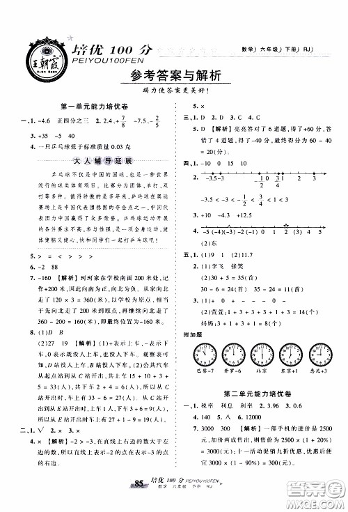 2020年王朝霞培优100分数学六年级下册RJ人教版参考答案