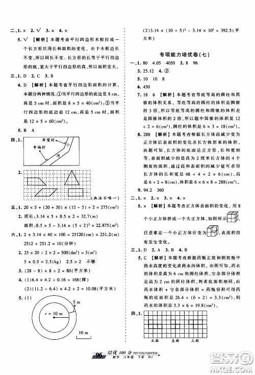 2020年王朝霞培优100分数学六年级下册RJ人教版参考答案