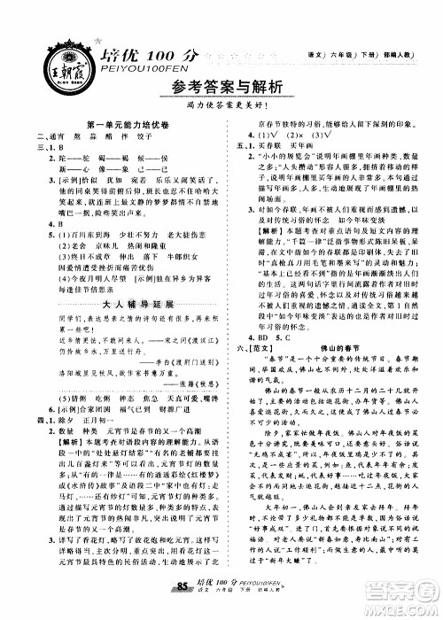 2020年王朝霞培优100分语文六年级下册RJ人教版参考答案 2020年王朝霞培优100分语文六年级下册RJ人教版参考答案