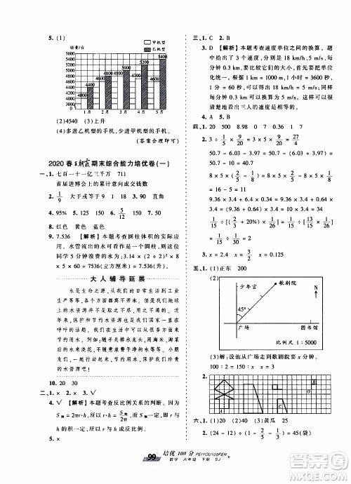 2020年王朝霞培优100分数学六年级下册SJ苏教版参考答案 2020年王朝霞培优100分数学六年级下册SJ苏教版参考答案