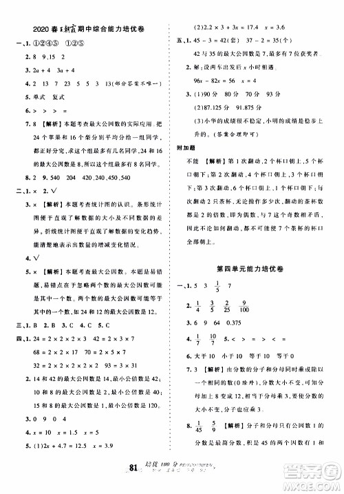 2020年王朝霞培优100分数学五年级下册SJ苏教版参考答案