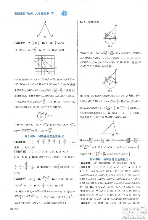 江苏凤凰美术出版社2020创新课时作业本九年级数学下册江苏版答案