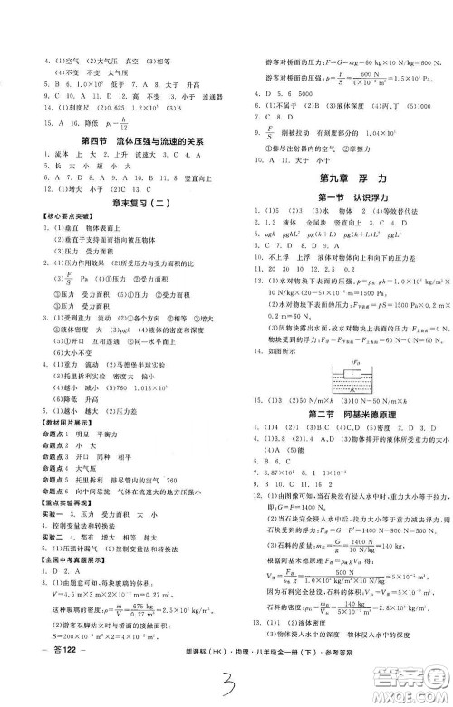 阳光出版社2020全品作业本八年级物理下册新课标沪科版云南专版答案