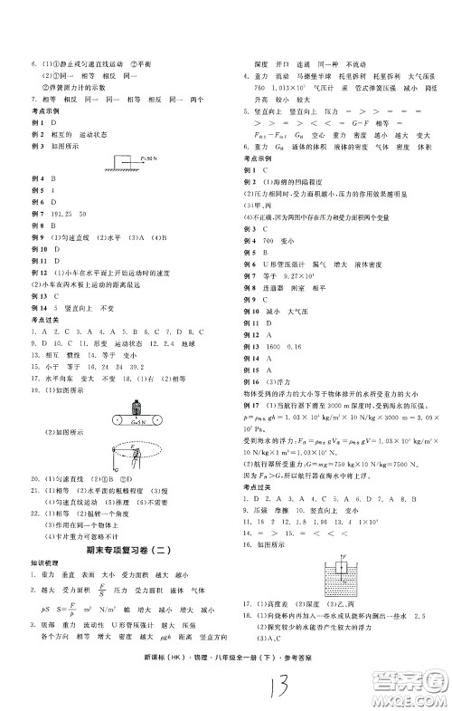 阳光出版社2020全品作业本八年级物理下册新课标沪科版云南专版答案