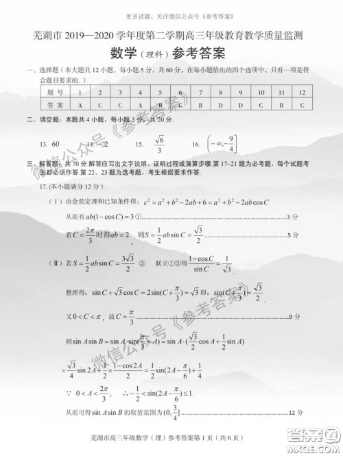 芜湖市2019-2020学年度第二学期高三年级教育教学质量监测理科数学试题及答案