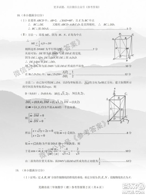 芜湖市2019-2020学年度第二学期高三年级教育教学质量监测理科数学试题及答案 芜湖市2019-2020学年度第二学期高三年级教育教学质量监测理科数学试题及答案