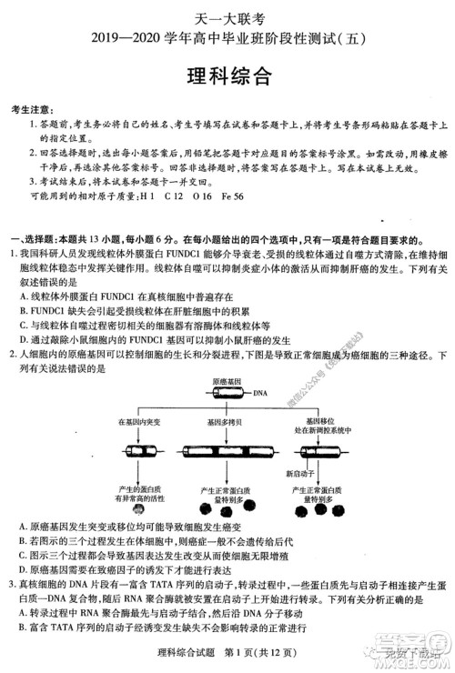 天一大联考2019-2020学年高中毕业班阶段性测试五理科综合试题及答案