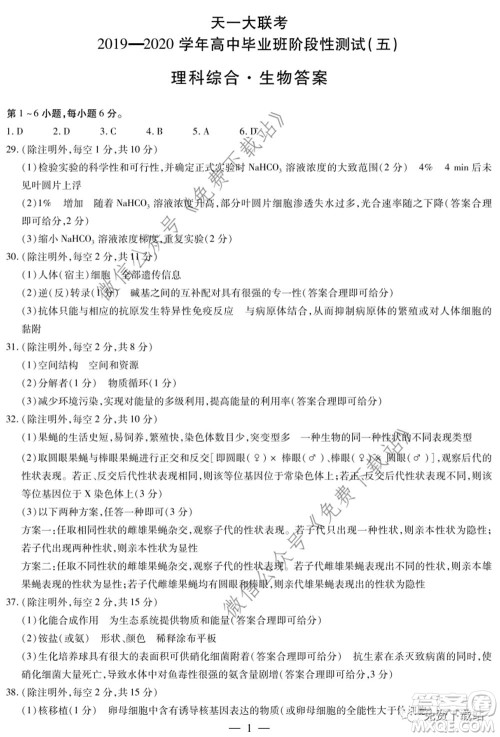 天一大联考2019-2020学年高中毕业班阶段性测试五理科综合试题及答案 天一大联考2019-2020学年高中毕业班阶段性测试五理科综合试题及答案