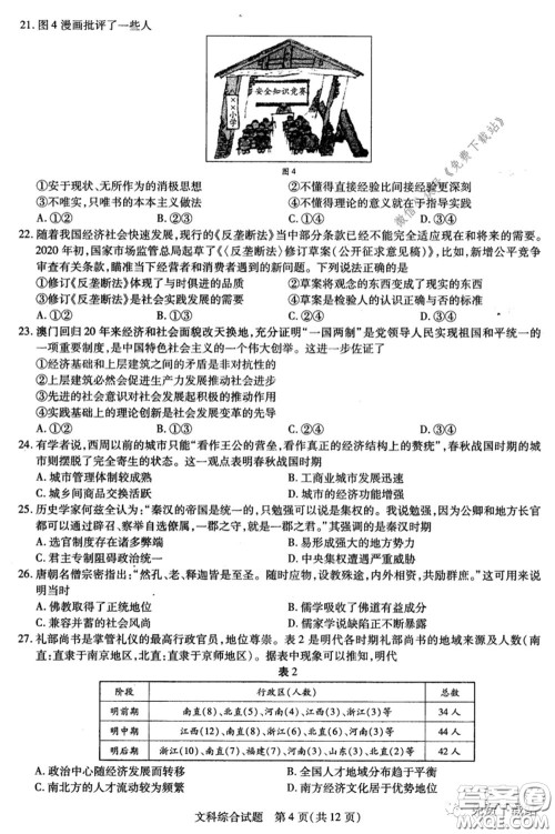 天一大联考2019-2020学年高中毕业班阶段性测试五文科综合试题及答案 天一大联考2019-2020学年高中毕业班阶段性测试五文科综合试题及答案