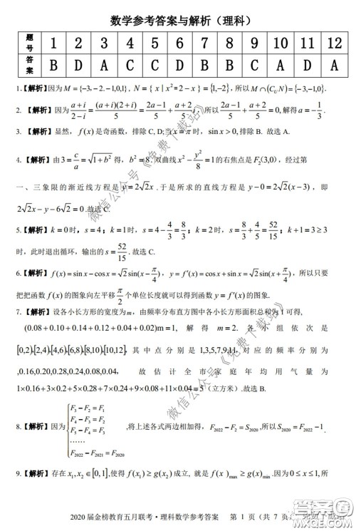 2020年金榜教育高三五月联考F020理科数学试题及答案