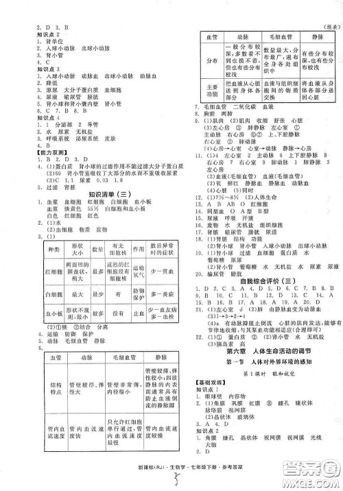 阳光出版社2020全品作业本七年级生物学下册新课标人教版江西省专版答案