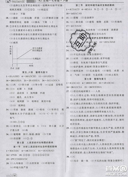 2020新版赢在课堂课堂满分特训一本通七年级生物下册人教版答案