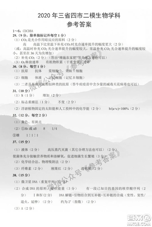 2020年东北三省四市教研联合体高考模拟试卷二理科综合答案 2020年东北三省四市教研联合体高考模拟试卷二理科综合答案