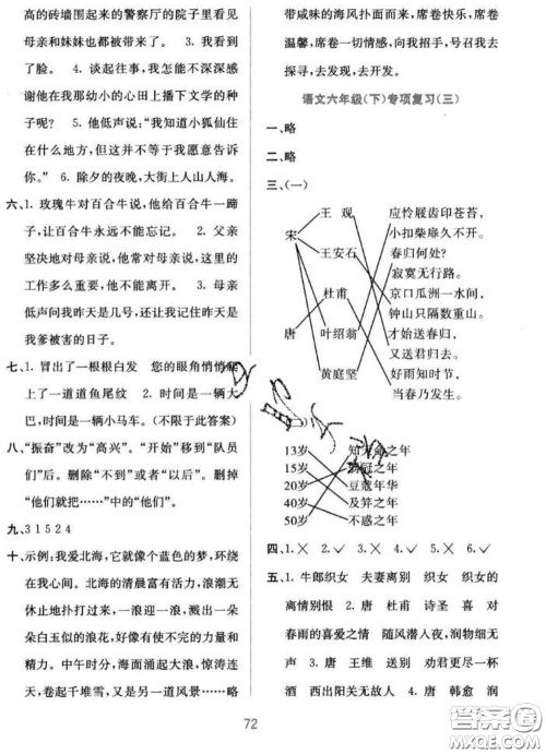 希望出版社2020春全程检测单元测试卷六年级语文下册A版答案