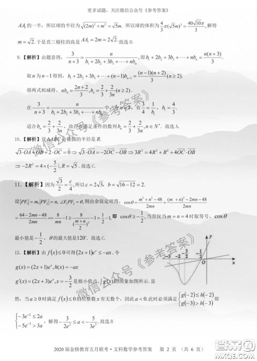 2020年皖江名校联盟高三第六次联考文科数学答案 2020年皖江名校联盟高三第六次联考文科数学答案