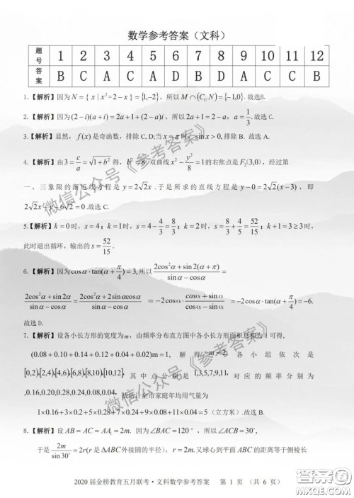 2020年皖江名校联盟高三第六次联考文科数学答案