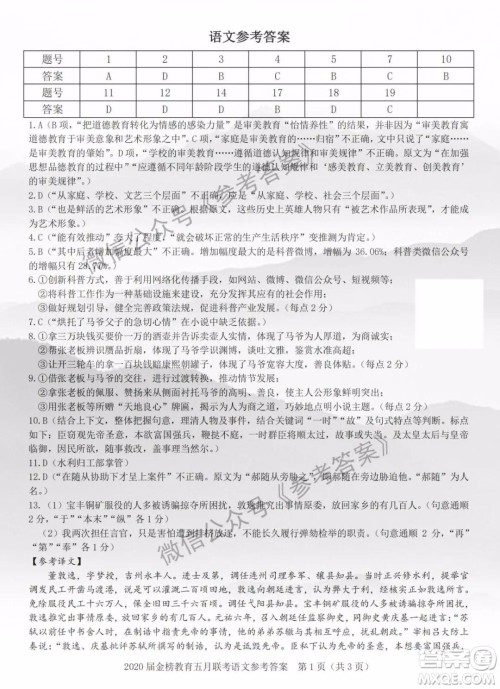 2020年皖江名校联盟高三第六次联考语文答案