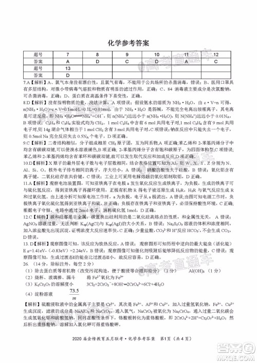 2020年皖江名校联盟高三第六次联考理科综合试题及答案