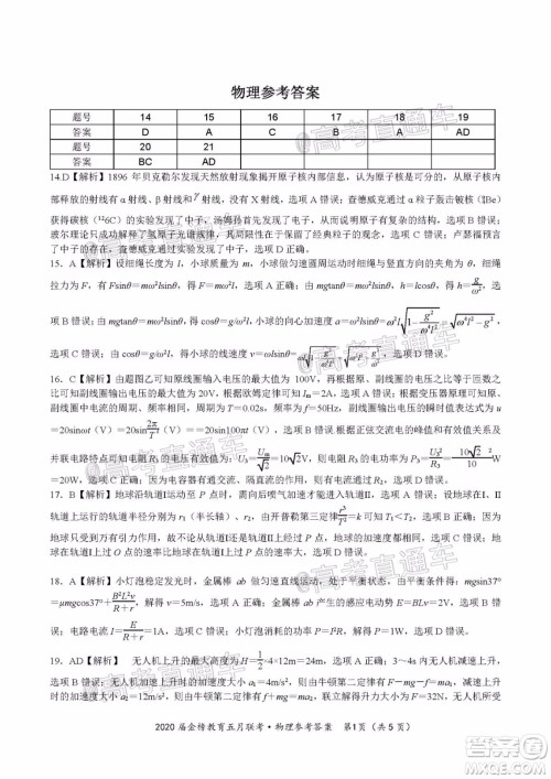 2020年皖江名校联盟高三第六次联考理科综合试题及答案