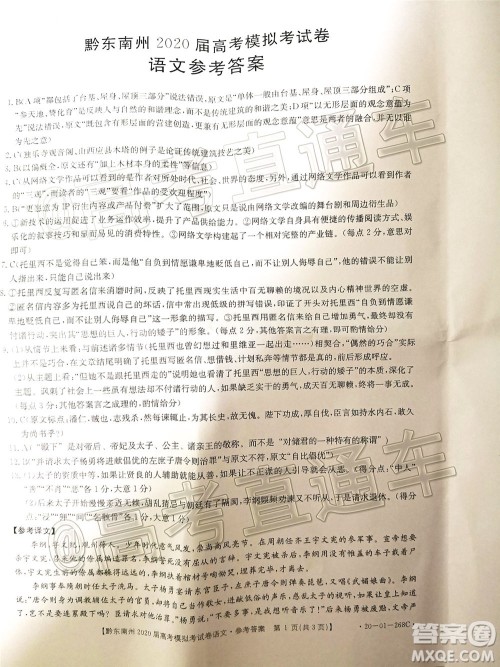 黔东南州2020届高考模拟考试语文试题及答案