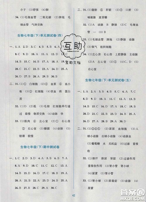 接力出版社2020春全程检测单元测试卷七年级生物下册A版答案