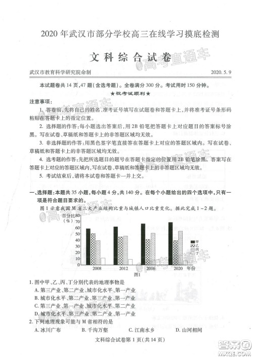 2020年武汉市部分学校高三在线学习摸底检测文科综合试题及答案