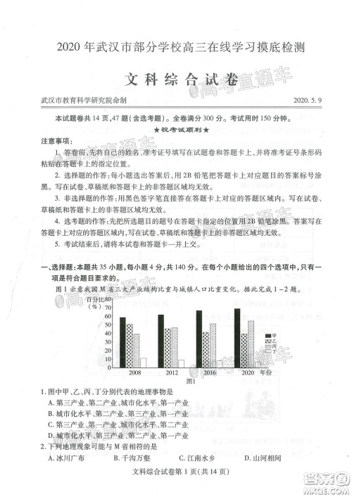 2020年武汉市部分学校高三在线学习摸底检测文科综合试题及答案