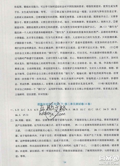 接力出版社2020春全程检测单元测试卷七年级道德与法治下册A版答案